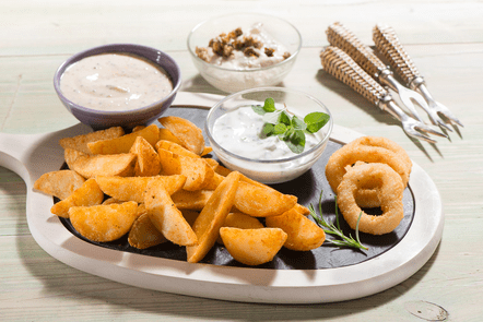 Rustic Potatoes y Aros de Cebolla con 3 salsas